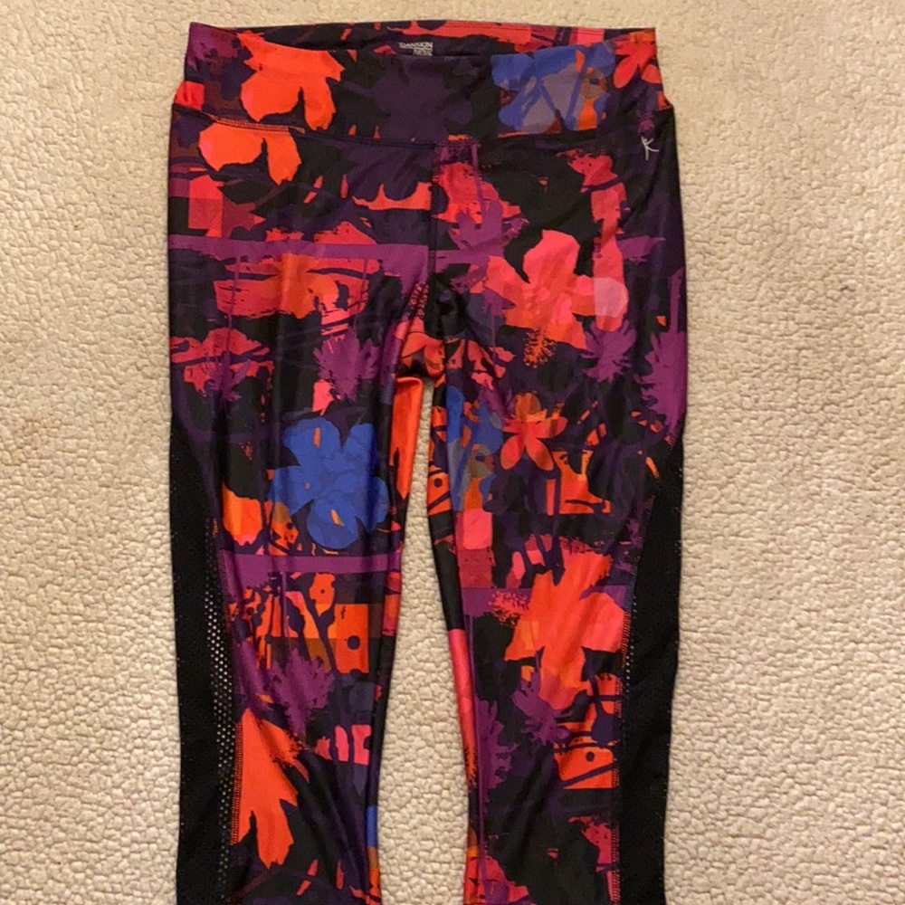Danskin Now Leggings tropical floral orange purple blue & black size L (12-14)